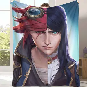 Arcane Vi and Jinx split face cosplay flannel blanket featuring ultrasoft plush warm breathable material. Perfect for movie marathon sofa lounging gaming sessions fan conventions as a gift for friends or home decor. summerwins