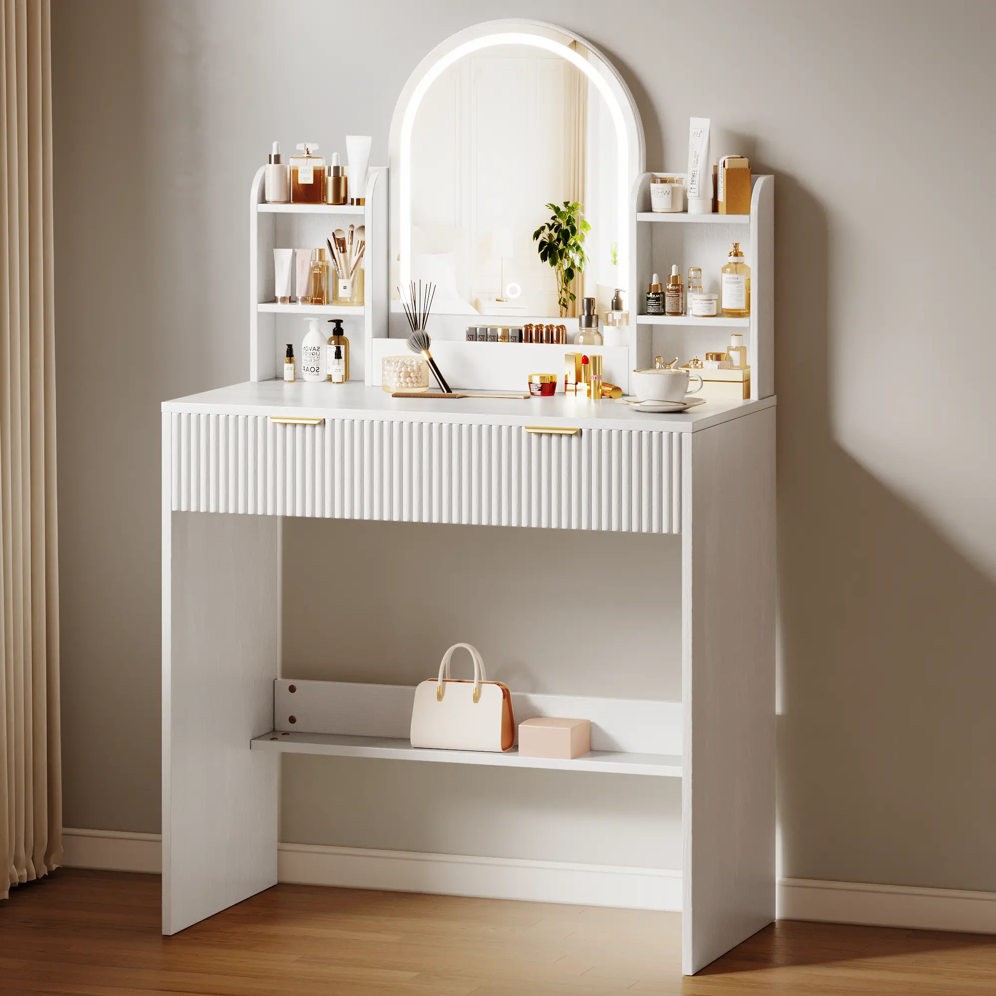 TOKSOM Vanity Desk with Mirror and Lights,Small Makeup Vanity Desk with Charging Station,Bedroom Vanity Table with Drawers,Storage Shelves
