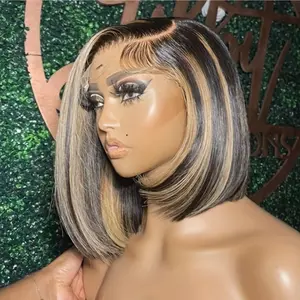 Lace Frontal Straight Human Hair Wig for Women 180 Density Highlights Shiny Blonde with Black Colored 13x4 Lace Frontal Bob Wig Human Hair Pre Plucked Brazilian