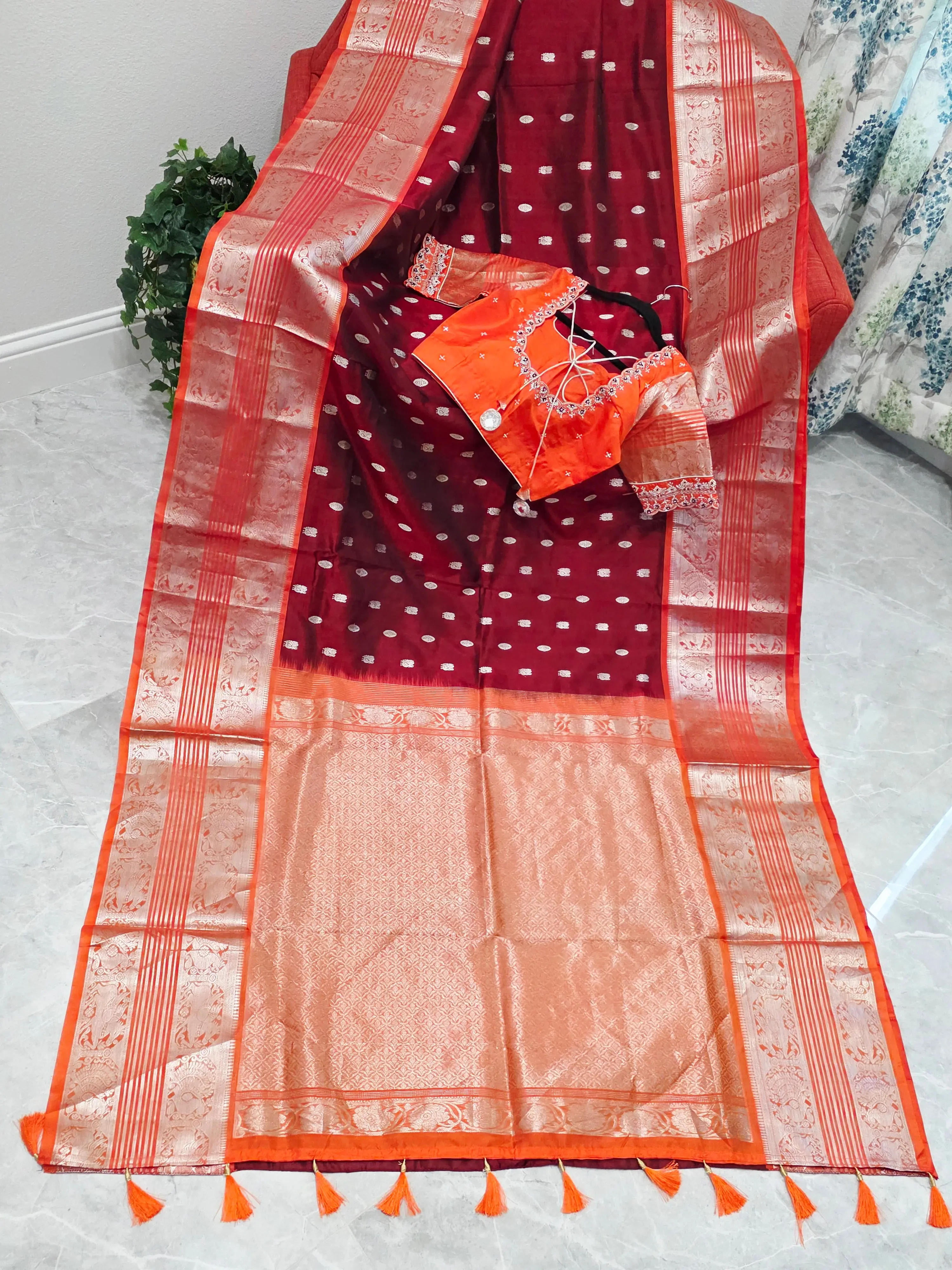 Royal Wine & Sunset Orange Pure Venkatagiri Silk Saree with Maggam Blouse