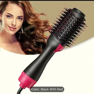 Hair Dryer Hot Air Brush Styler and Volumizer Electric Ion Blow Dryer for All Hair Types Straightener Curler Comb Roller One Step Operation Black With Red