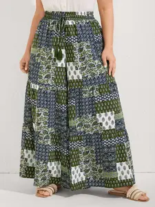 BLOOMCHIC Floral Collage Drawstring Wide-Leg Pants Women's Bottom Fit Pocket Wideleg Loose Hip Bohemian Boho Fitted High Waist Moss Color Full Length Elastic Low Stretch Womenswear Fabric Fashion Belt Lightweight Prints Smooth - Style