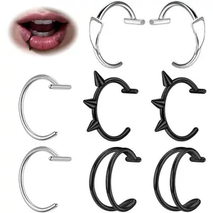 Aidenn Silver Black Stainless Steel Fake Lip Ring Piercing Cuffs, Adjustable Non-Piercing Lip Hoops Snakebite Clip, Vampire Teeth Fangs Ring Ear Cuff Earrings Fake Piercing Jewelry for Women