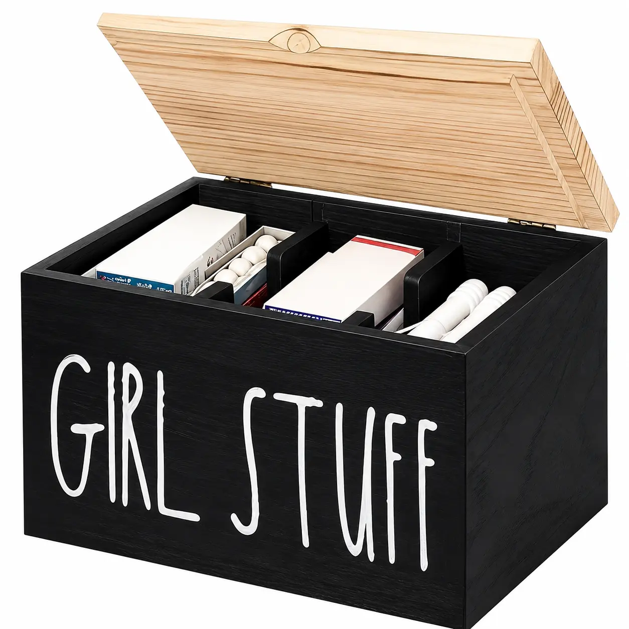 A Modern Style Wooden Storage Box with Lid, Multi-Functional Vanity Organizer Box with Removable Dividers for Makeup, Jewelry, Toiletries and Small Accessories