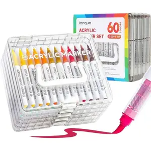 Languo 60 Color Acrylic Paint Markers Set, Soft Brush Tips, Quick Dry Ink, Non-Fading, Ideal for Rocks, Wood, Shells, Ceramics, Textiles