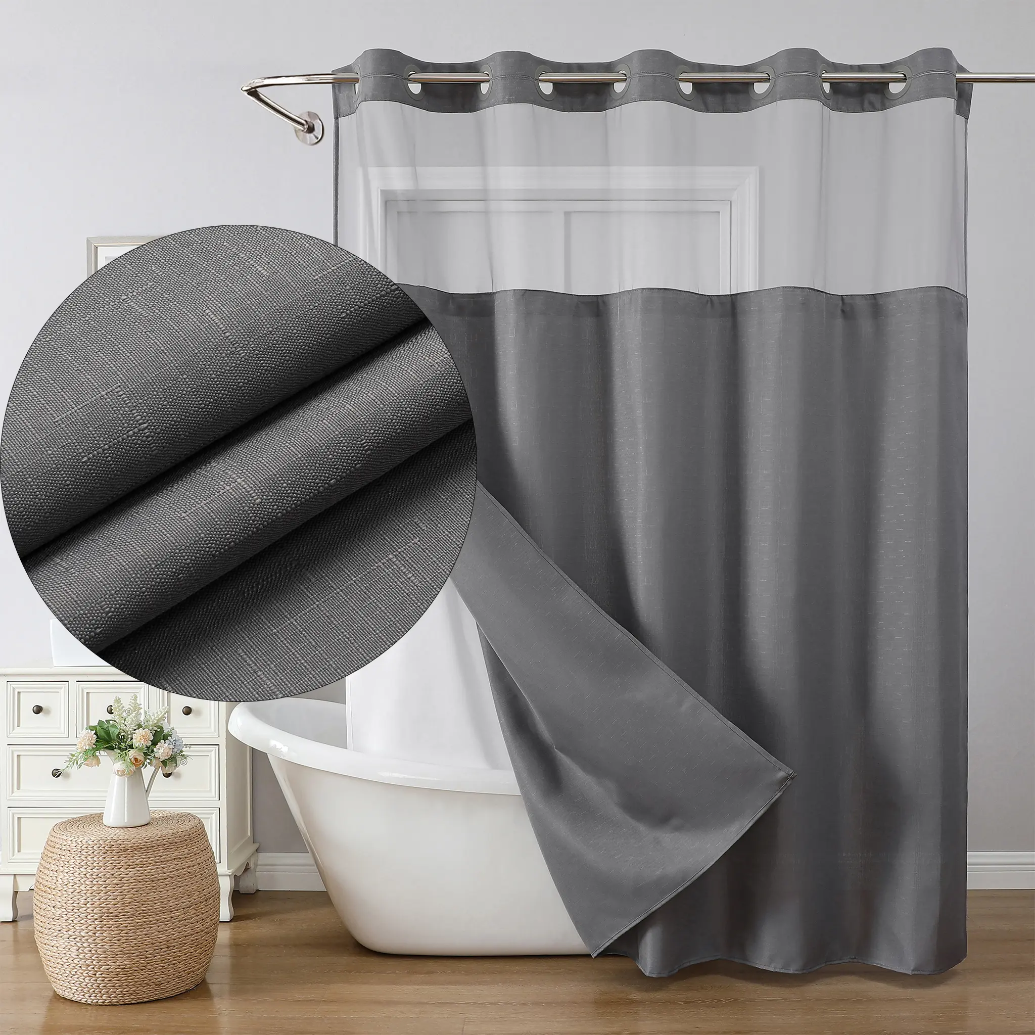 Textured Gray No Hook Shower Curtain, Double Layer with Sheer Top, Waterproof Fabric, Durable Minimalist Bathroom Decor