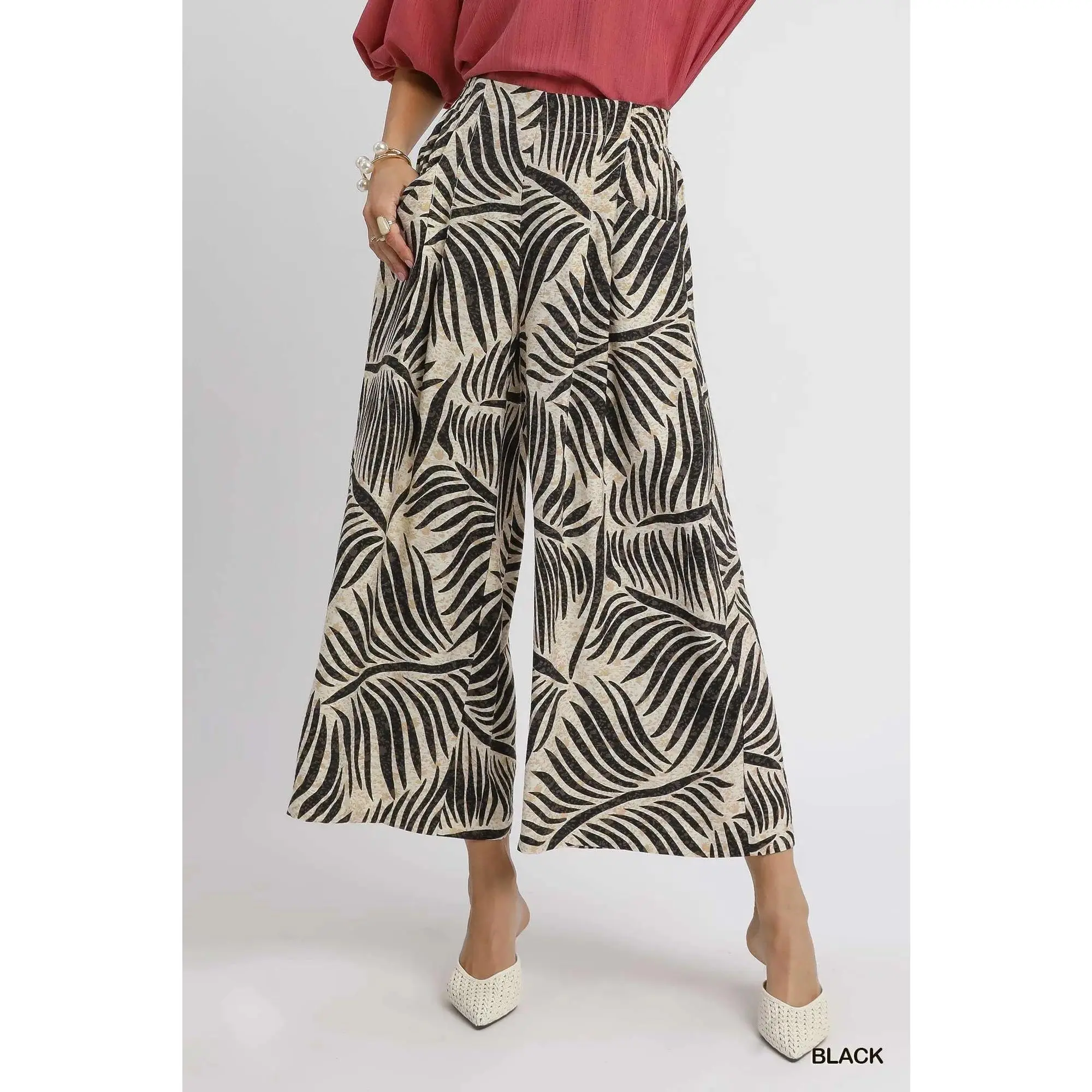 Umgee Palm Leaf Print Wide Leg Culotte Pants