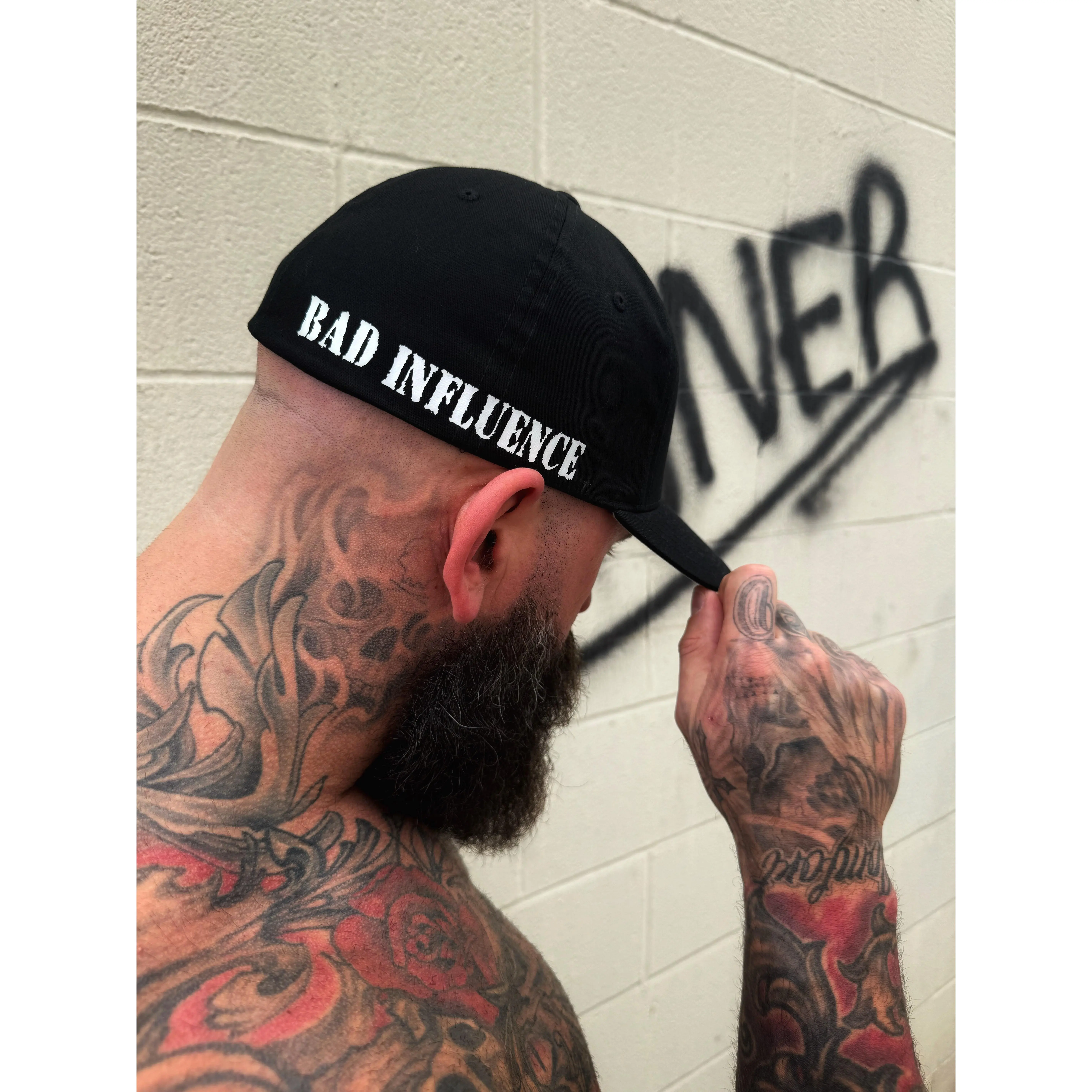 TheDriveClothing BAD INFLUENCE Flexfit Cotton Side Style Hat – Black Unisex Snapback Cap, Streetwear Adjustable Y2K Biker Hat, Casual Summer Outfit, Premium Cotton Blend, Gym & Festival Wear