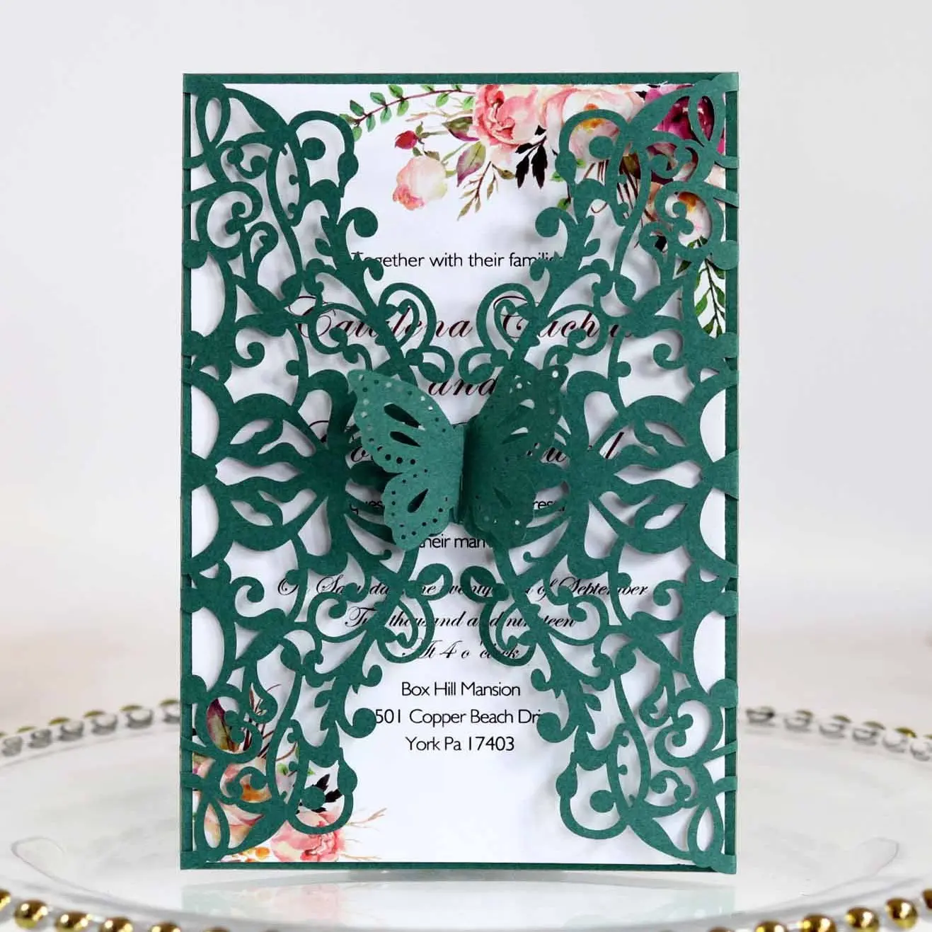 Laser Hollowed Floral Dark Green Wedding Invitation - Engagement & Thanksgiving Festive Greeting Card for Wedding Supplies