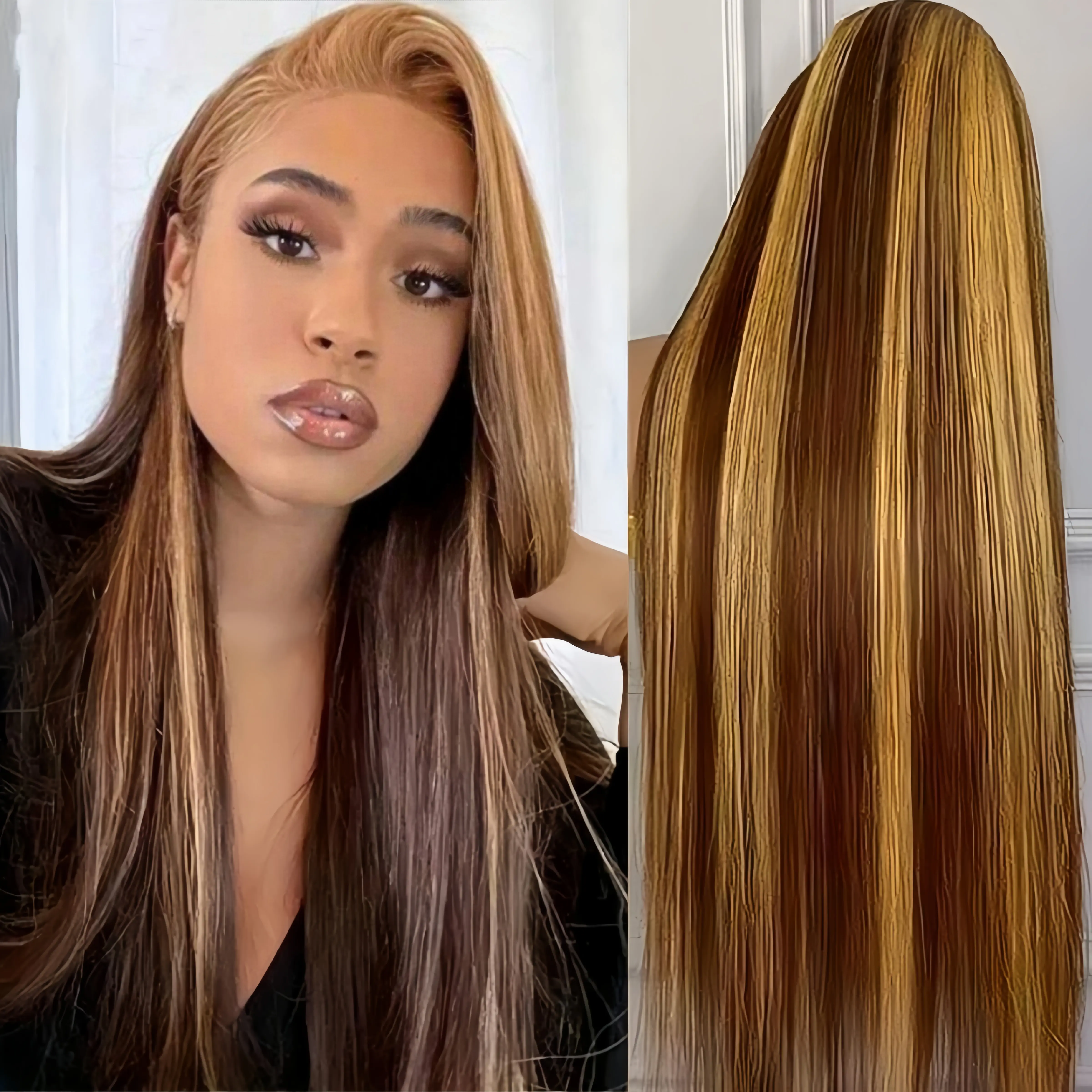 Straight P4/27 Ombre Highlight  Lace Front Human Hair Wigs 99J Burgundy Transparent 13X4 HD Lace Frontal Wigs Natural Black for Women 180% Density
