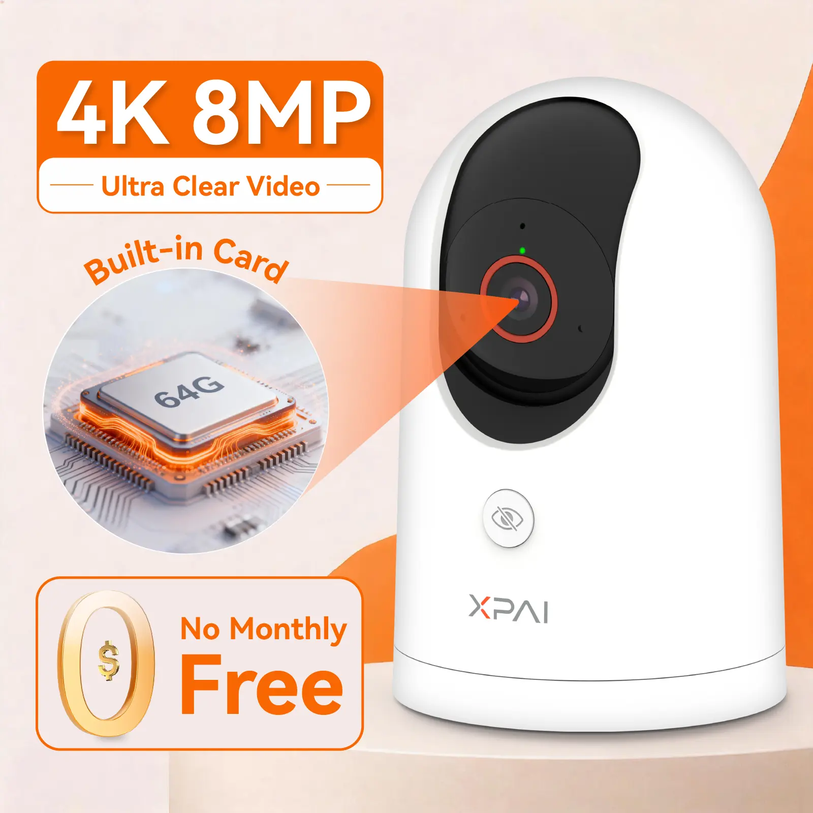 【EMMC storage - NO Subscription】XPAI H80X 4K Security Camera with 64G Built-in Storage 5G No Monthly Fee Indoor Baby Pet Dog Monitor 360-Degree Night Vision Pan-Tilt Cry Detection 2-Way Audio