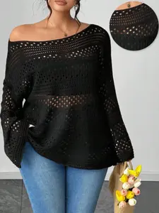 Elegant Hollow Out Knit Top for Women, Casual Batwing Sleeve Sweater, Loose-Fitting Long Blouse for Spring Summer, Knitwear