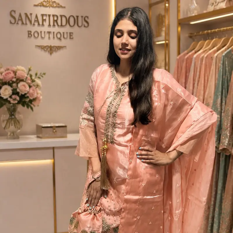 Peach Shisha Silk sharara Kameez Set – 3 Piece Luxury Collection (Size M) Maroon