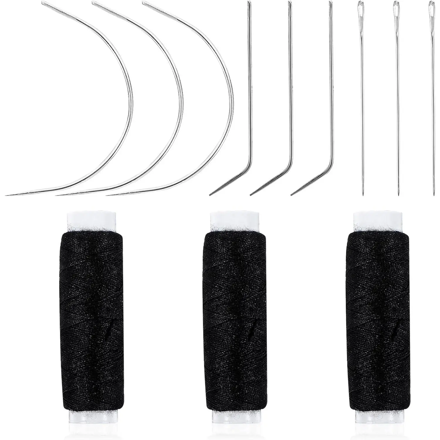 Hair  and Thread Set Sewing Hair 12 count Set Hair Extension Tools Curved  Black Weaving Thread for Making Wig, Sew in  and Thread for Hair Hand Sewing Hair Weave Extension