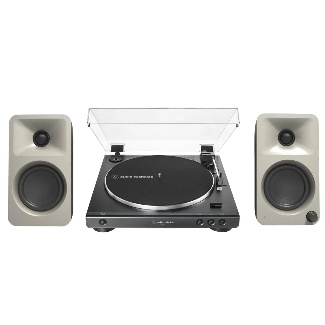 Kanto ORAME 100W Sleek Powered Reference Desktop Audio Speakers (Moon) with Amplifier, Bluetooth, Digital Connectivity, Computer Compatibility, USB Type-C, RCA, Tweeter & 60X-BK Fully Automatic Belt-Drive Vinyl Turntable Bundle