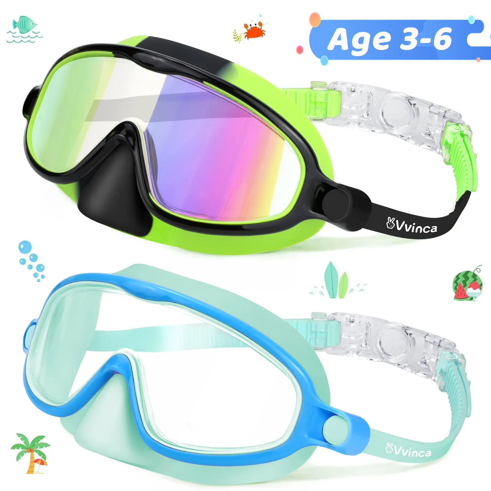 Kids Swim Goggles 2 Piece Set with Nose Cover, Shatterproof Anti-Fog Polycarbonate Lenses, Full-Rim Frame with UV Protection, Two Piece Set, Anti-Fog Lenses