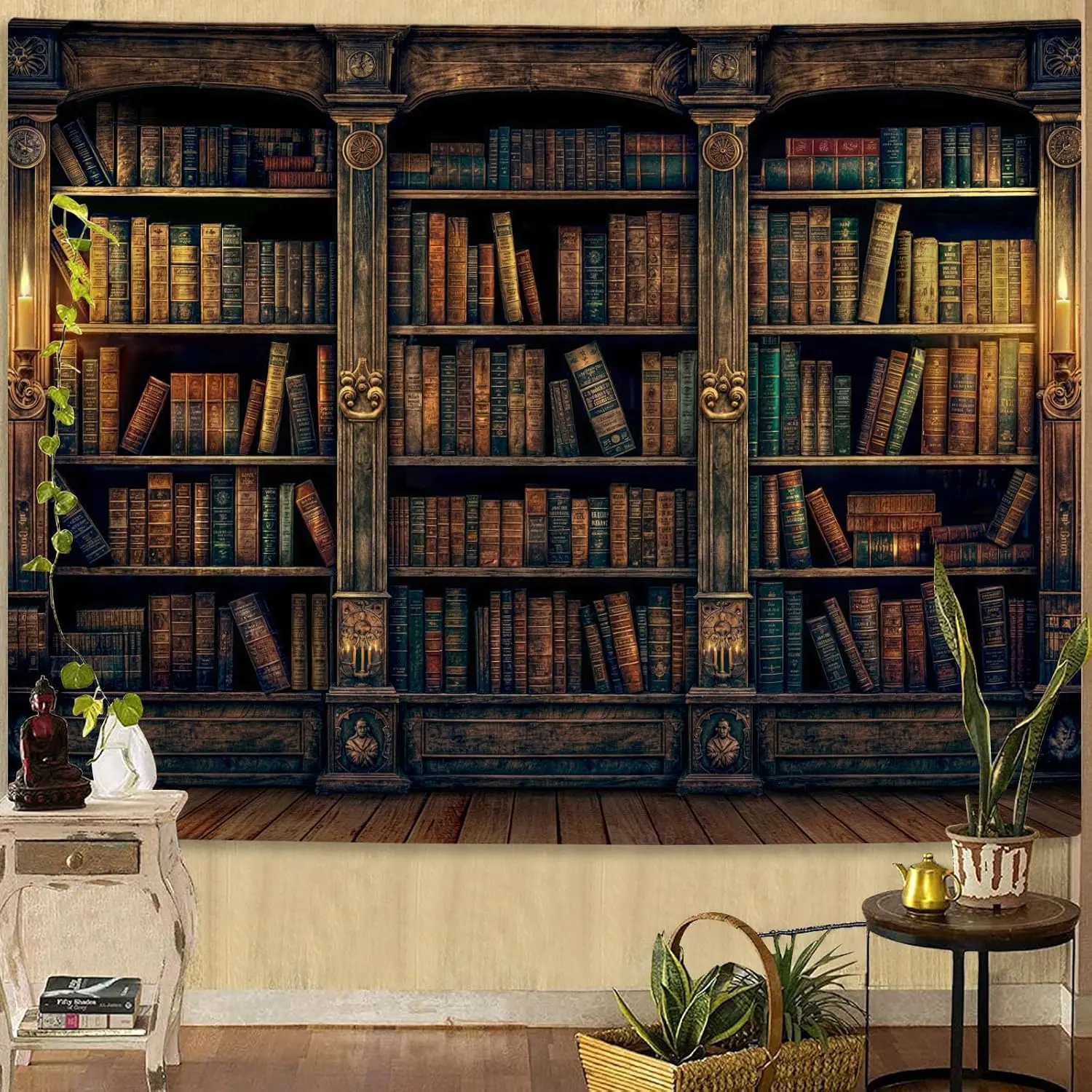 Retro Bookshelf Wall Tapestry  Vintage Books Study Library Tapestries for College Dorm Bedroom Magic Caslte Backdrop 36*48 inch