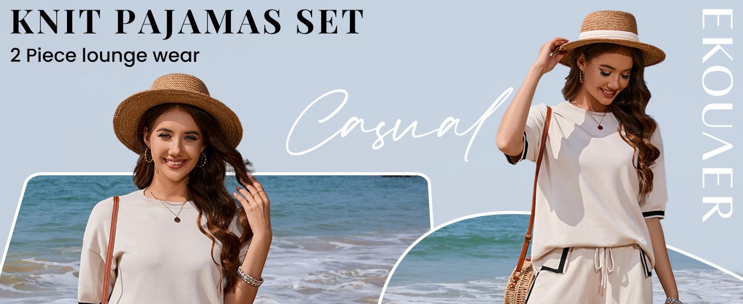 EKOUAER Spring Women's knitted two-piece comfortable set of short- summer sleeved pullover pajamas, casual nightwear, elasticated