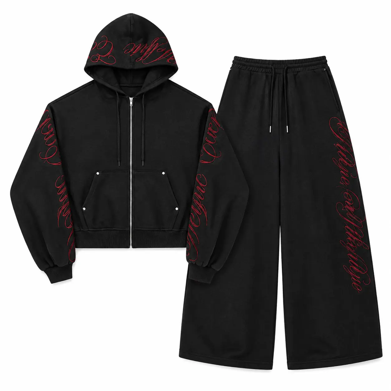 Men's Unisex 2-Piece Black Tracksuit - Zip-Up Hoodie, Wide-Leg Sweatpants, Red Script Graphic for Casual Streetwear