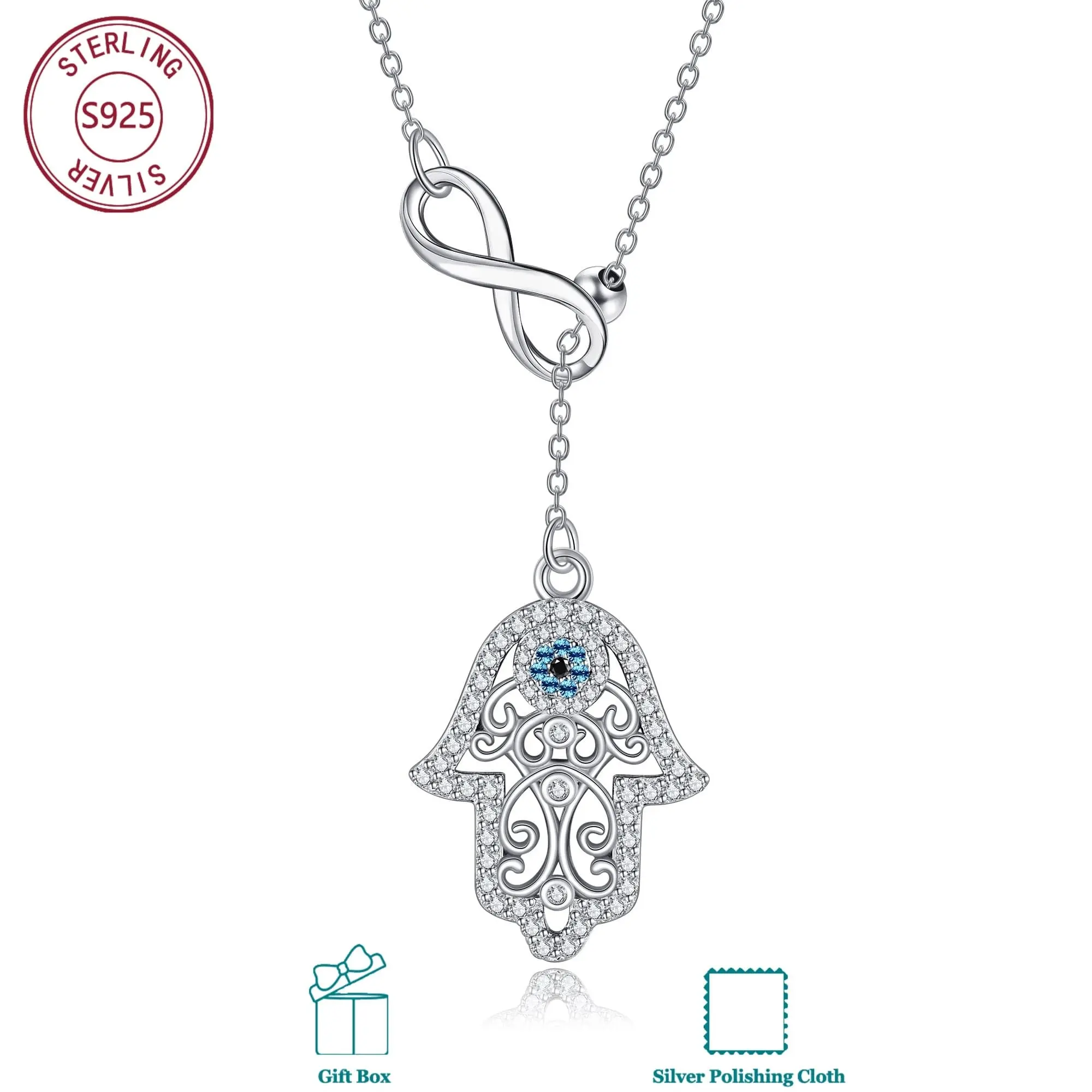 925 Sterling Silver Hamsa Hand Necklace, Fashion Necklace Chain, Non-Natural Crystal Pendant for Everyday Wear
