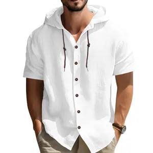 Men’s summer hooded shirt — casual, loose fit, stylish, sporty, suitable for home workouts/fitness, beach cover-up; solid-color short-sleeve high-end men’s shirt
