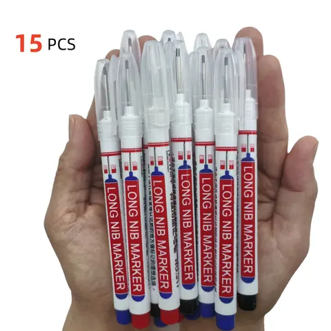 15-Piece Multi-Use 20mm Deep-Hole Long-Tip Marker Set, Permanent Oil Marker for Bathroom and Woodworking Decoration, Drawing Markers, Art Supplies, Blue Ink Fine Point Pens