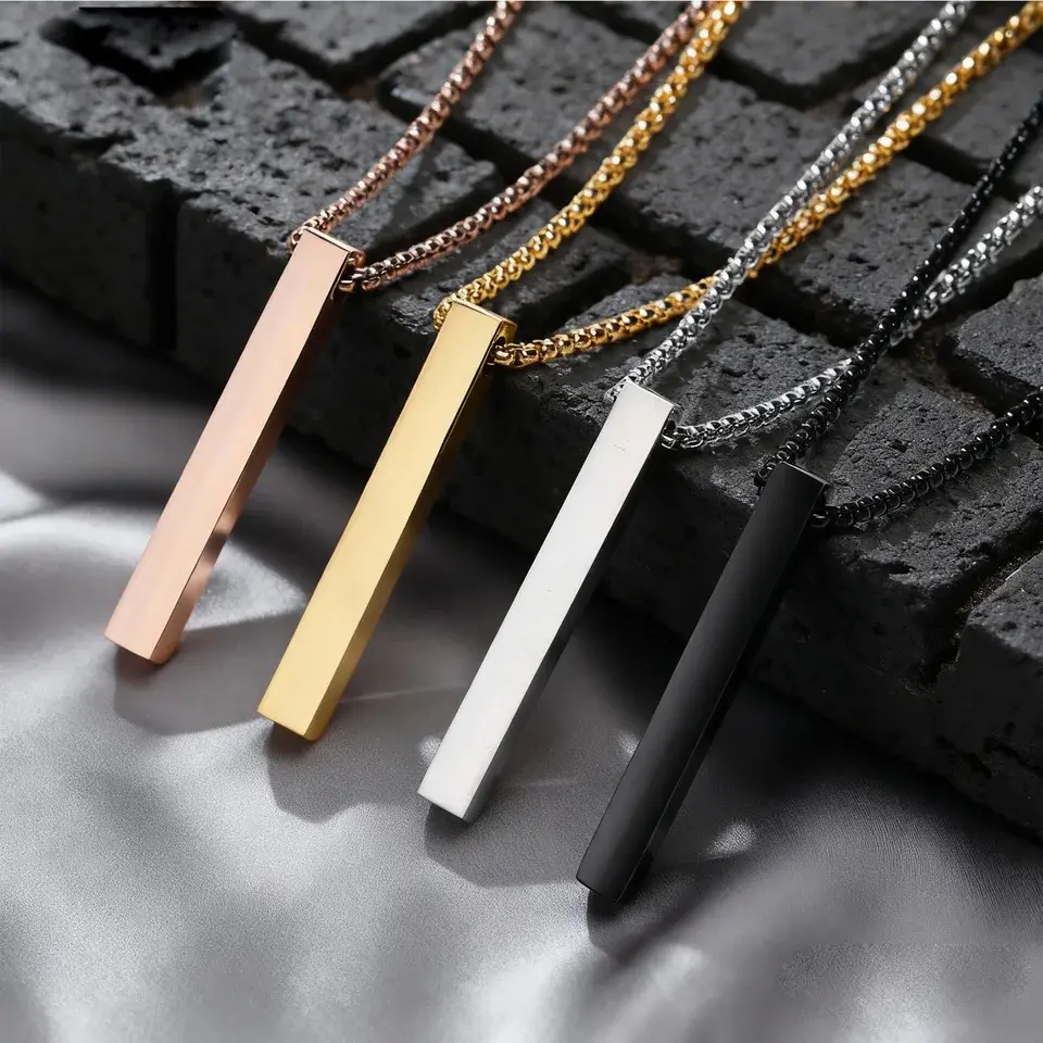 Waterproof Pillar Necklaces for Men Women, Stainless Steel Rectangle Vertical Bar Pendant Necklace, Simple Casual Collar Gifts