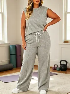 Women's Plus Size Loose Loungewear Set, Blended Sleeveless Top & High-Waisted Wide Leg Pants, Soft Casual Two-Piece Set for Curvy Women, Womenswear