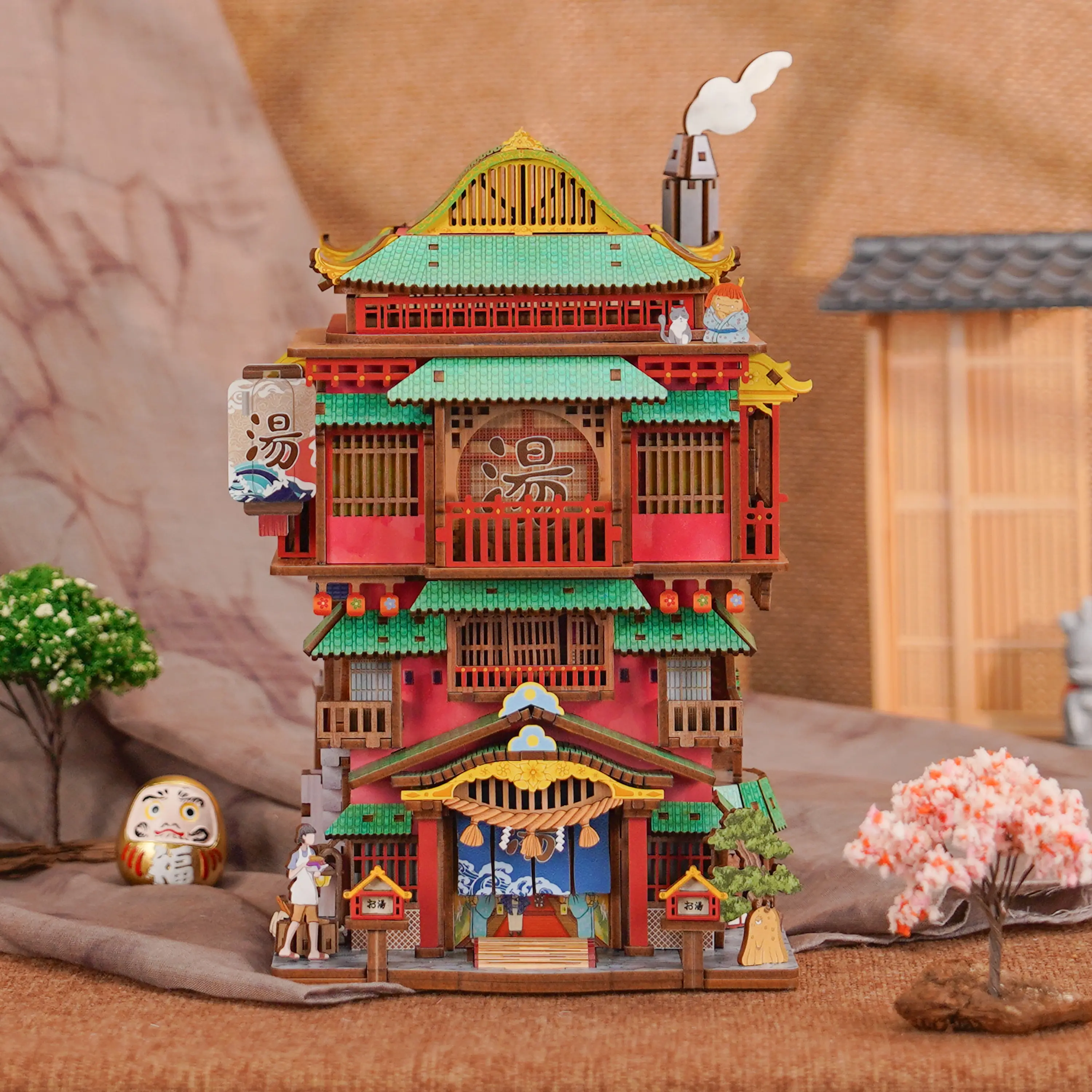 Tonecheer 3D Puzzle Box Miniature DIY Desktop Storage Kit (Onsen Saga) - Creative STEM Wooden Blocks, DIY Collectible Model Set for Woodwork Enthusiasts