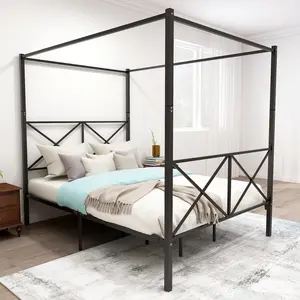 Metal Canopy Bed Frame, Platform Bed Frame Queen with X Shaped Frame Queen Black frame base