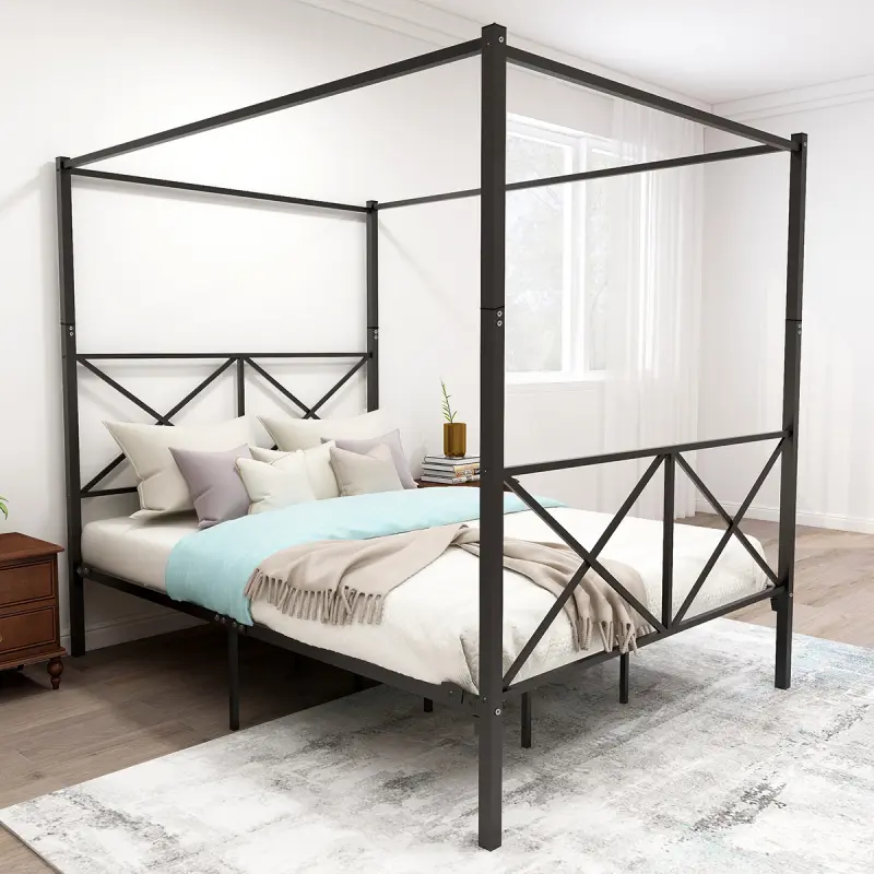 Metal Canopy Bed Frame, Platform Bed Frame Queen with X Shaped Frame Black frame base