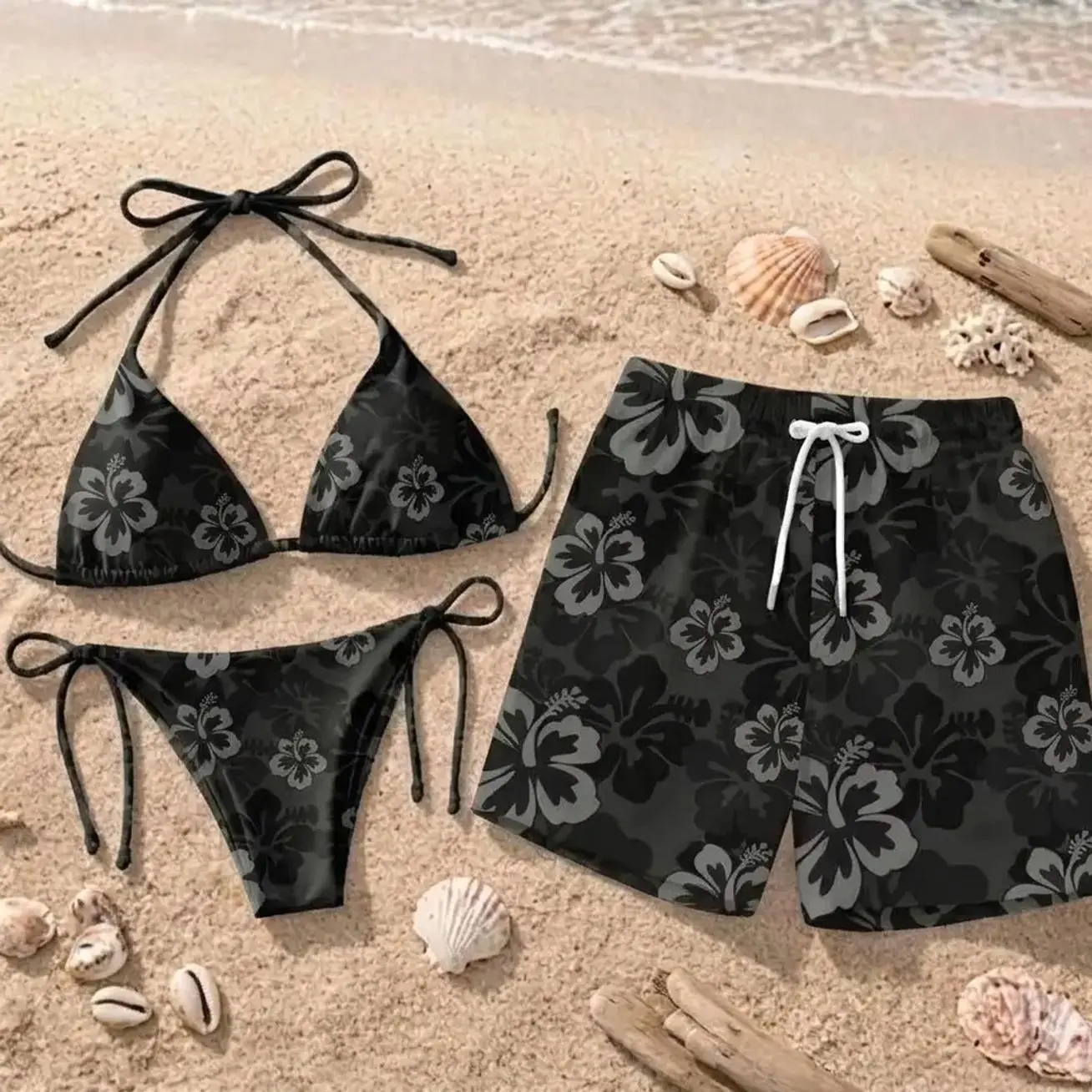 Matching Couple Camo Swimsuits Set, BF GF Bikini and Men Swim Trunks, Black Floral Camo Beachwear, Trendy Matching Swimwear for Couples, Summer Beach Vacation Outfit, Pool Party Gift for Women Men