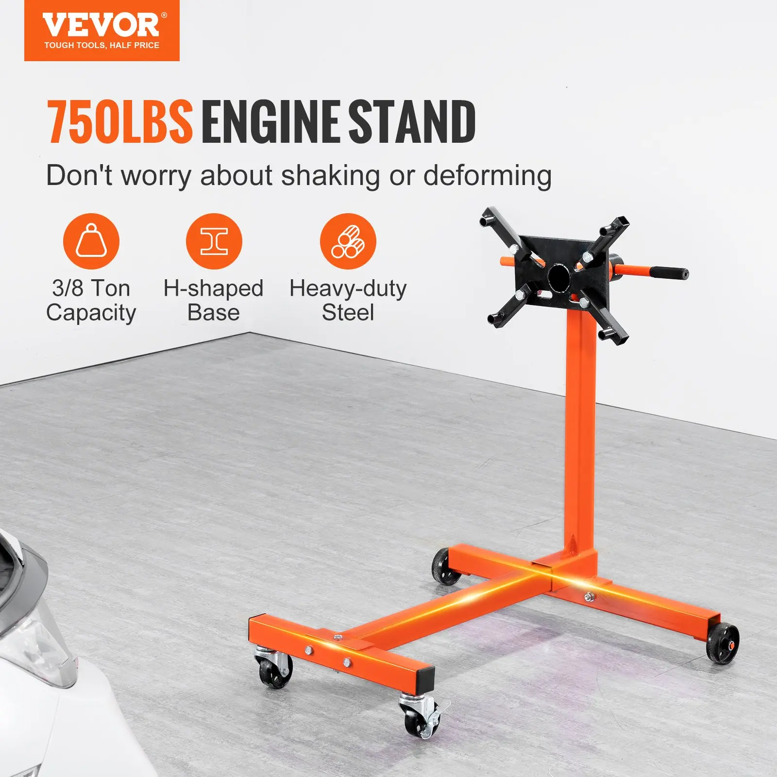 【summerfinds】VEVOR Engine Stand, 750 lbs (3/8 Ton) Rotating Engine Motor Stand with 360 Degree Adjustable Head, Cast Iron Motor Hoist Dolly, 4-Caster, 4 Adjustable Arms, for Vehicle Maintenance, Auto Repair