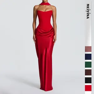 2026 European and American new style solid color waist-cinching sexy strapless bodycon long dress satin tie-back dress with ribbons