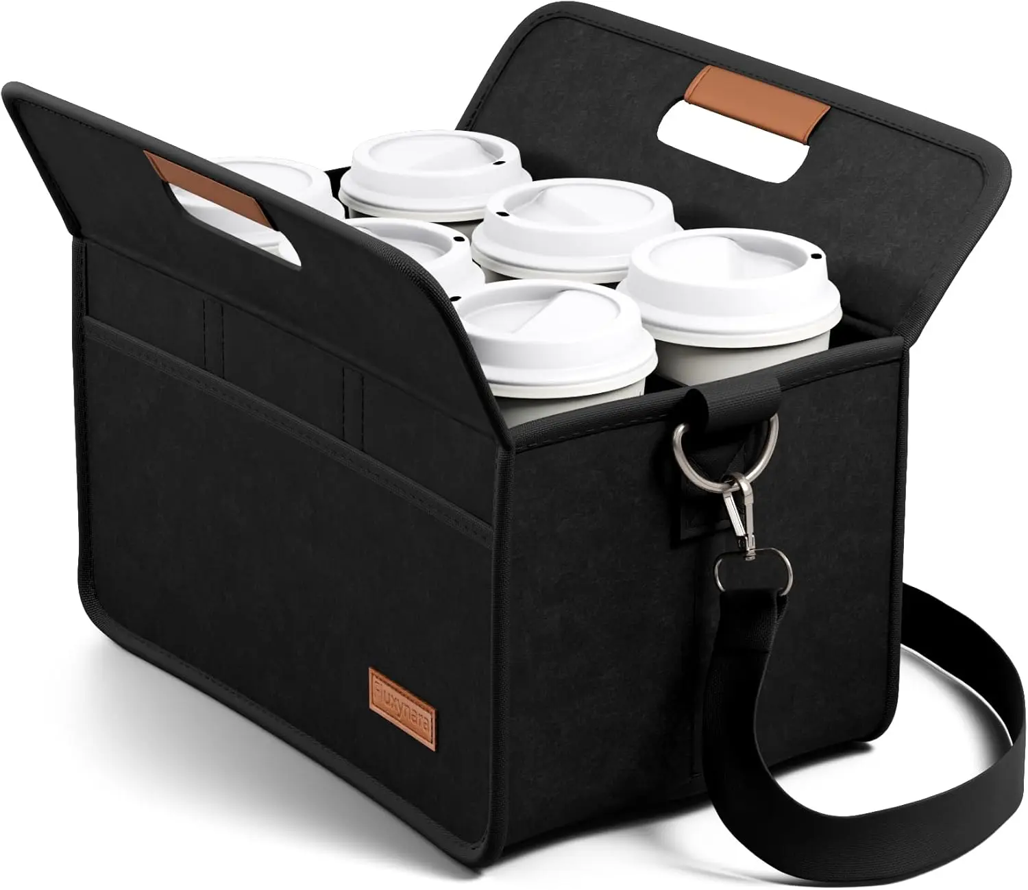 Fluxynara 6-Cup Reusable Felt Drink Carrier with Handle and Adjustable Shoulder Strap, Drink Holder for Car, Multi-Cup Drink Carrier Bag for Delivery, Travel, Picnics (Black)