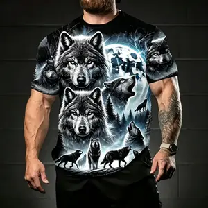 Vintage Wolf Graphic Print Men T Shirts, Crew Neck Short Sleeve Casual Summer Streetwear Animal Pattern Breathable Tee Shirts