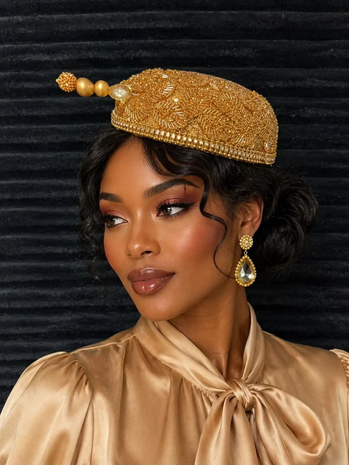 Luxury Gold Beaded Church Fascinator Hat – Elegant Rhinestone Derby Headpiece