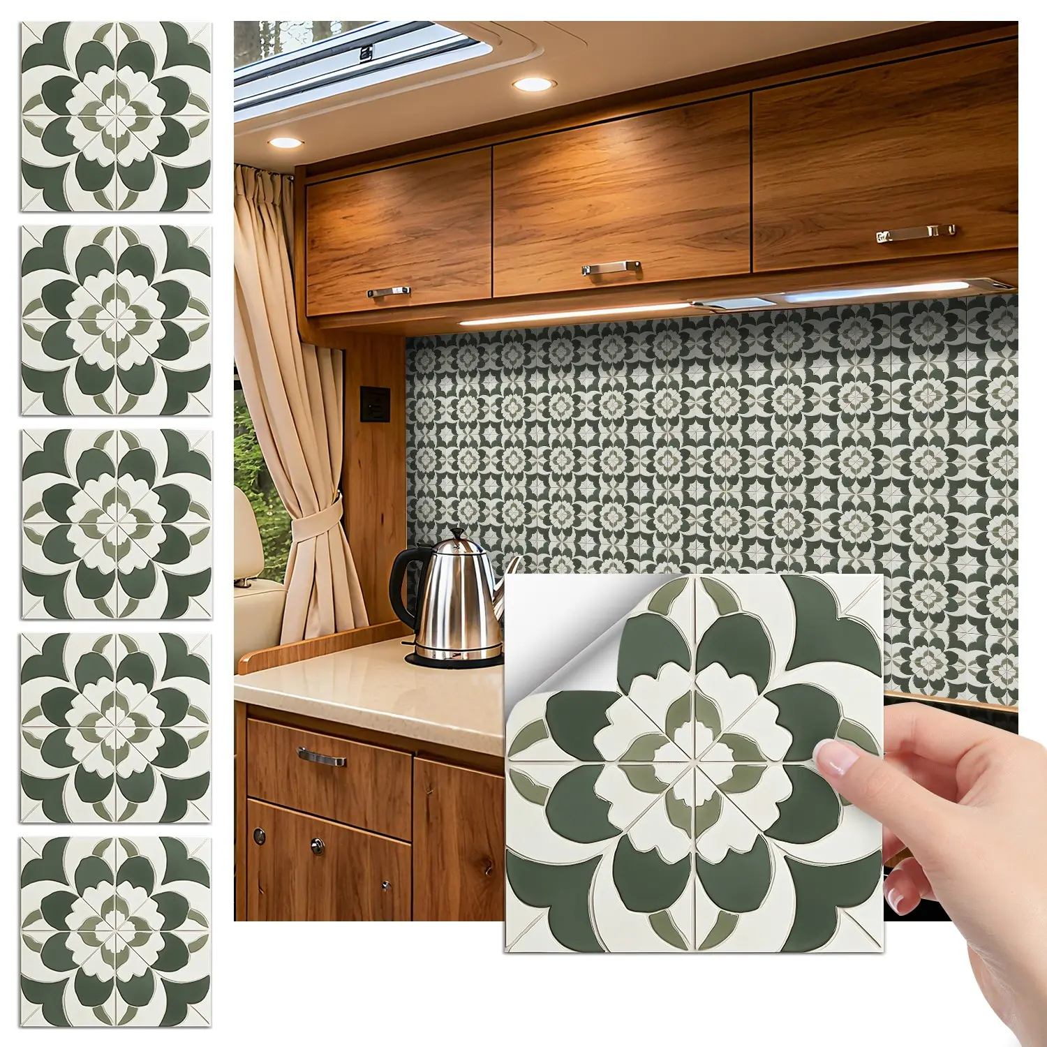 24PCS FHZ Classic Art Tile Stickers | Dark Green-White Gradient Floral PET Matte Peel-and-Stick Backsplash | Waterproof Oil-Proof for Home & Office DIY Renovation