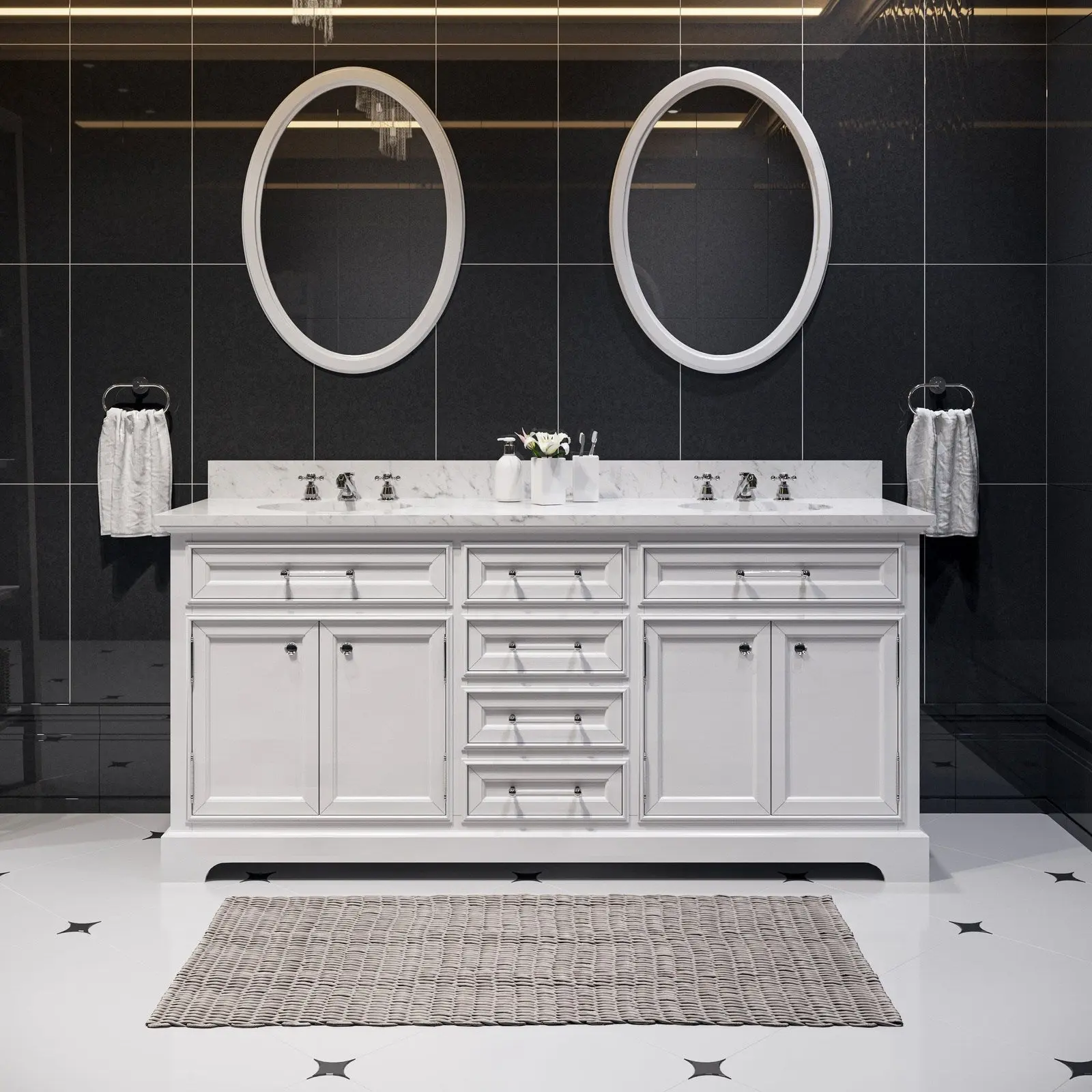 Water Creation Derby 72" Pure White Double Sink Bathroom Vanity With Matching Framed Mirrors And Faucets