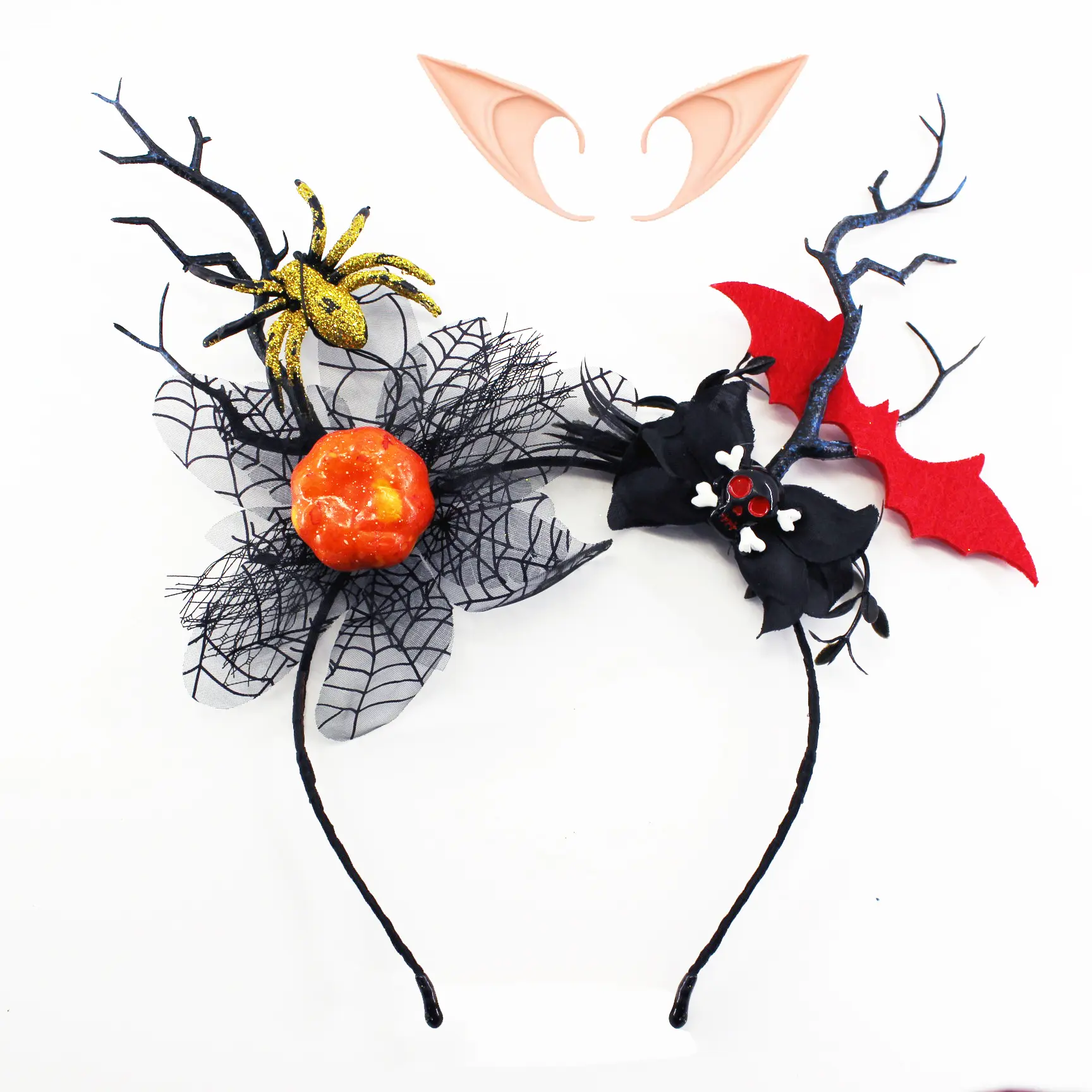 GentleLie Handmade Halloween Bat & Spider Headpiece with Elf Ears – Gothic Pumpkin Flower Antler Headband for Women, Fantasy Cosplay Fairy Witch Costume Accessory, Cute Spooky Party Hair Decor