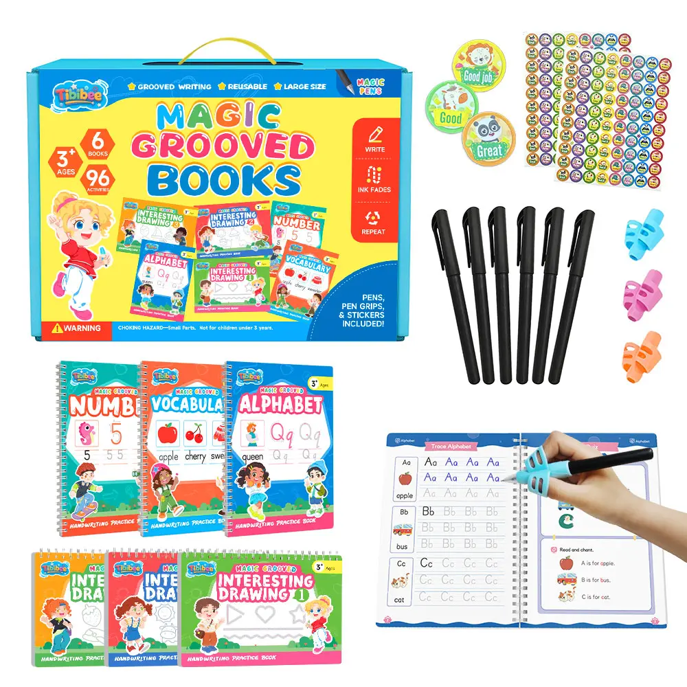 [BackToSchool]TIBIBEE Reusable Grooved Handwriting Workbook Set (6 Books) for Preschool Learning, 3+ Years Kids, Deep Tracing for Letters-Numbers-Math-Drawing, Disappearing Ink Pens-Grips, School Supply Christmas Gift
