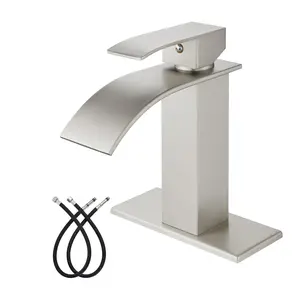 Waterfall Spout Brushed Nickel Single Hole Bathroom Faucet,Single Handle Bathroom Vanity Sink Faucet，Rv Lavatory Vessel Bathroom Sink Faucet with 6 Inch Deck Plate