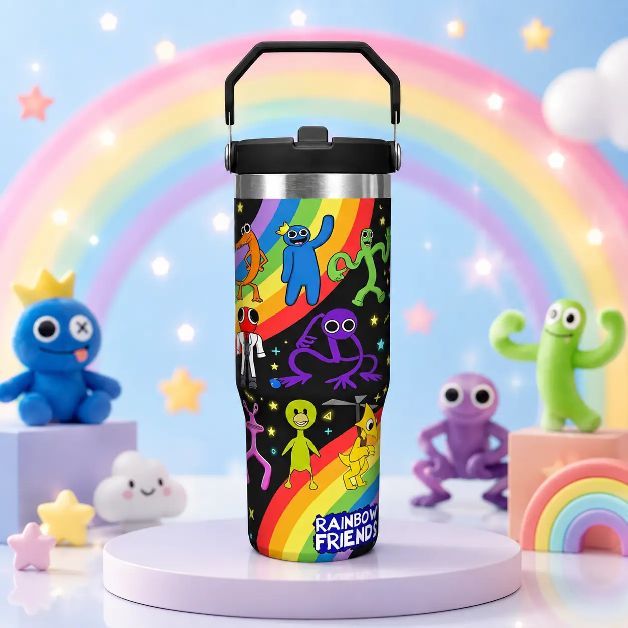 30oz Rainbow Friends Stainless Steel Tumbler - Insulated Water Bottle with Folding Straw & Handle, High-Quality Thermos Flask for Home, Office, School, Travel, TikTok Trend Drinkware, Stylish Summer Cup for Fans & Collectors