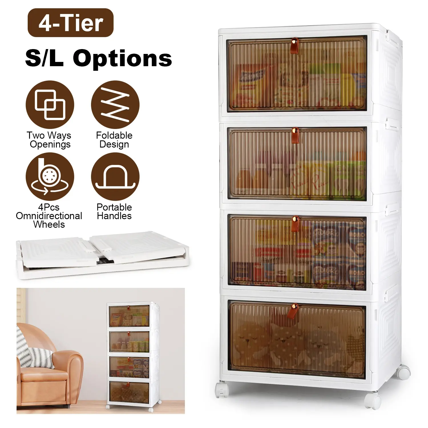 4 Pack Minimalist Translucent Leather Foldable Collapsible Storage Bins with Lids - Stackable Closet Organizer Boxes with Magnetic Front Doors, 360° Rotating Wheels, Slide Function for Home Decor, Laundry, Kitchen - Mini Baby Storage Containers