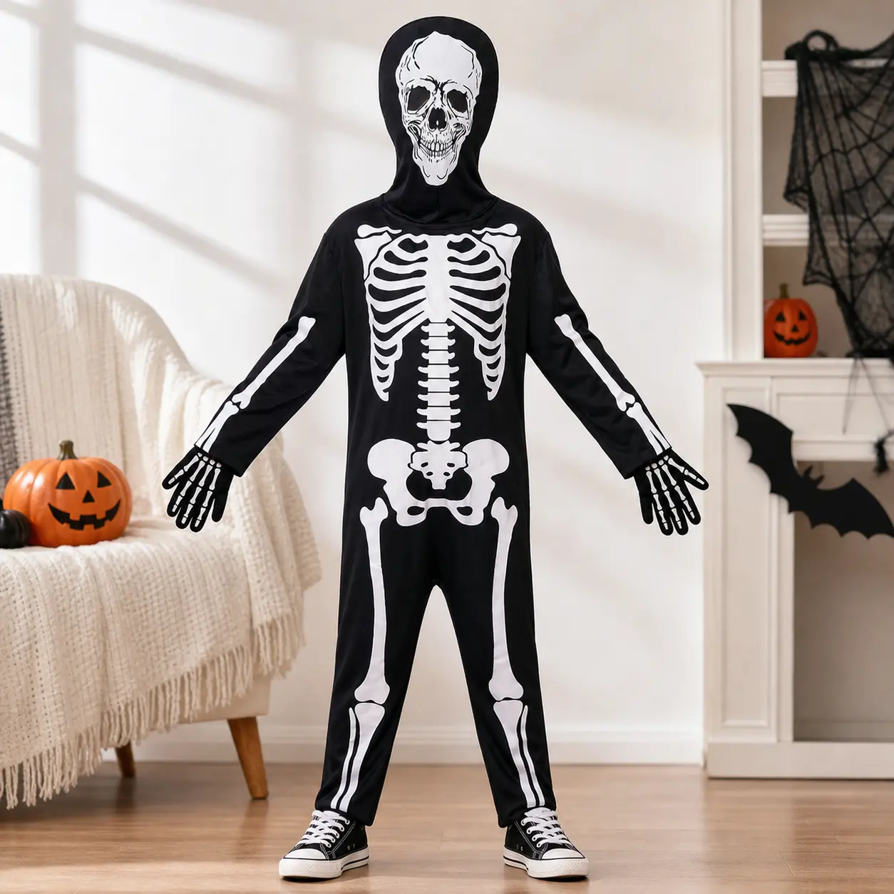 Kids' Glow in the Dark Skeleton Jumpsuit Costume, 3-Piece Full Body Outfit in Breathable Stretch Knit Fabric for Halloween Parties, Halloween Party, Jumpsuit Outfit, Full Body Jumpsuit