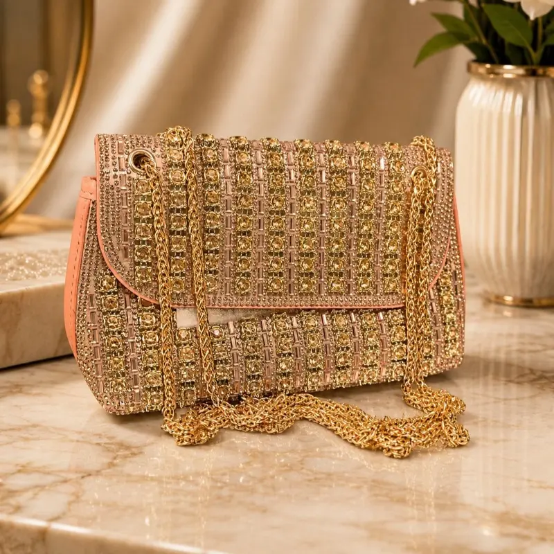 Luxury Evening Shoulder Bag with Ruby Rhinestone Chain