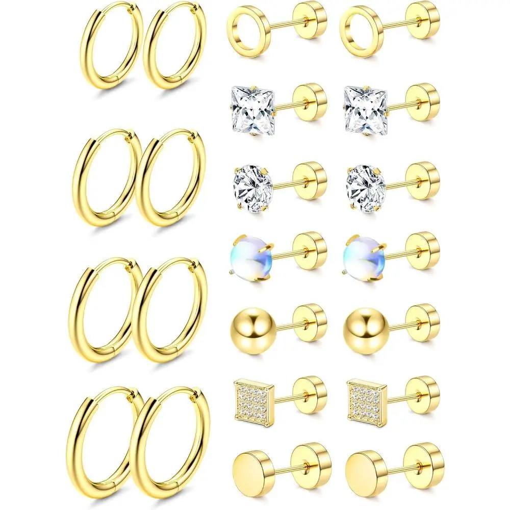 CASSIECA 11 Pairs Hypoallergenic Anti-Rust Surgical Stainless Steel Flat Back Earrings - Square Studs, Lightweight Hoops for Small Cartilage Tragus Piercings, Fashion Jewelry Accessories with Non Tarnish Tarnish Free Cubic Zirconia Design