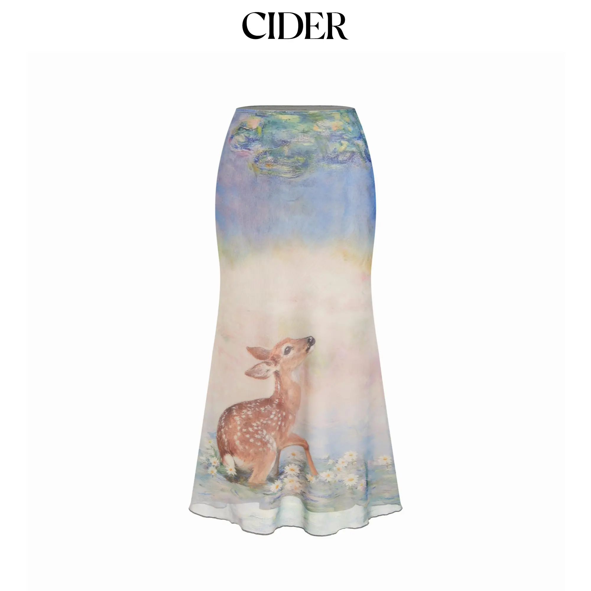 Cider Women's Mermaid Oil Painting Print Mesh Maxi Skirt, Mid Rise Bottom with Lettuce Trim Hem, Xl, Drawing