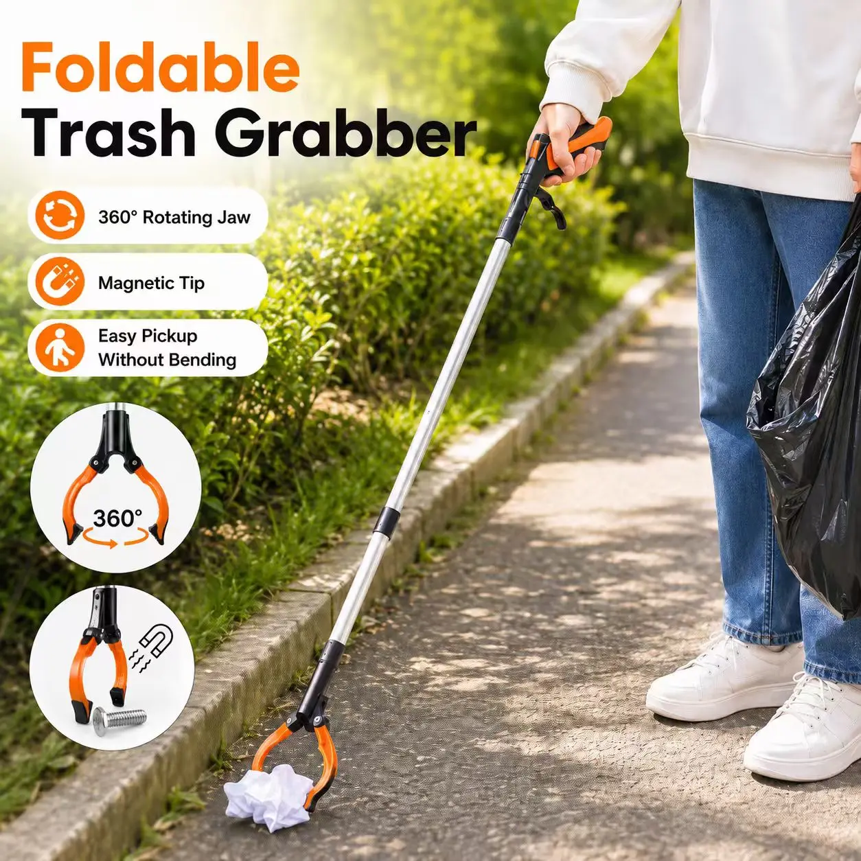 Orange Foldable Extendable Trash Grabber Reacher Tool with 360° Rotating Jaw, Magnetic Tip, Lightweight Design – Easy Pickup Without Bending for Seniors, Daily Use, Camping, Garden Equipment