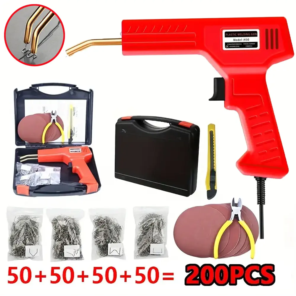 New  Hot Plastic Welding Gun with Box 200pcs Welding Nail+Pincers+Sandpaper Welding Tool Kit Used for Repair Auto Bumper Body Door Crack Bonding Portable Welder Machine -US Plug
